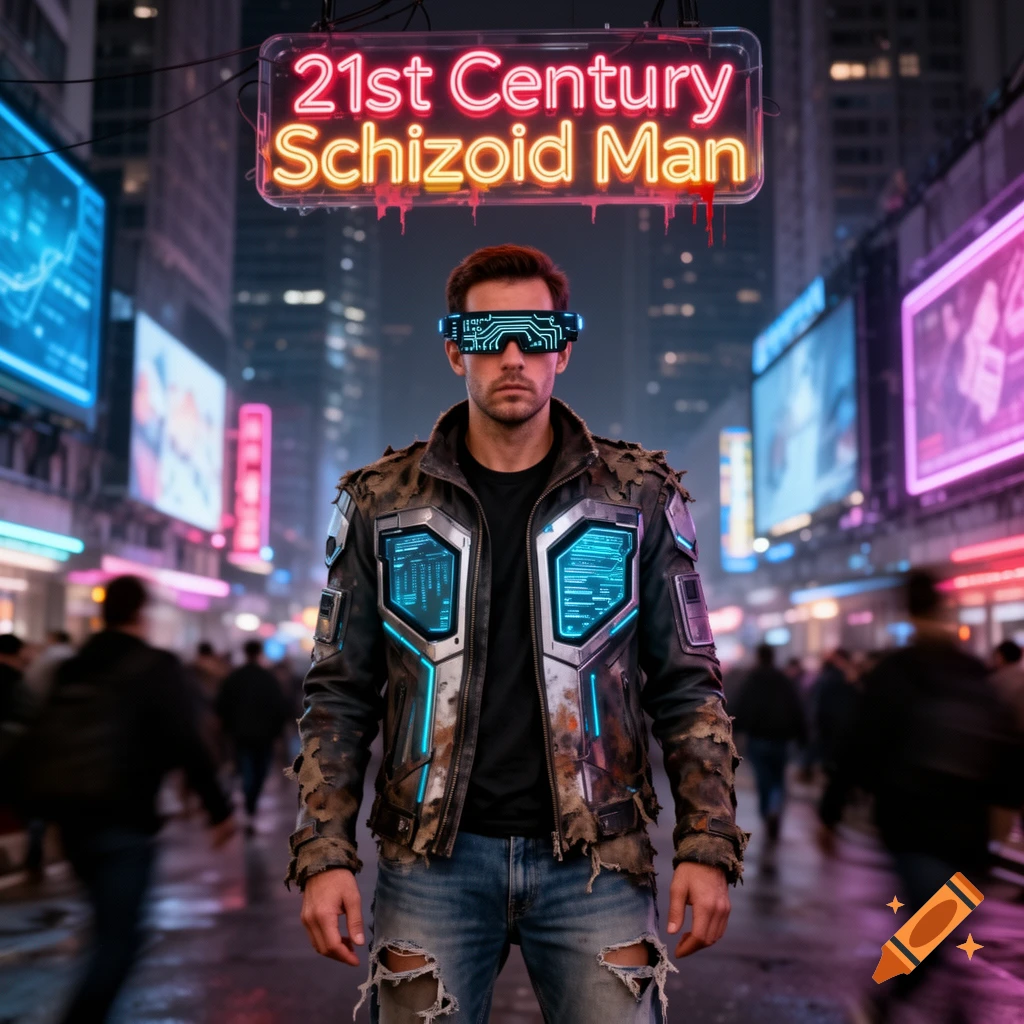 A man in a worn, futuristic jacket and VR glasses stands in a neon-lit city street under a sign reading "21st Century Schizoid Man".