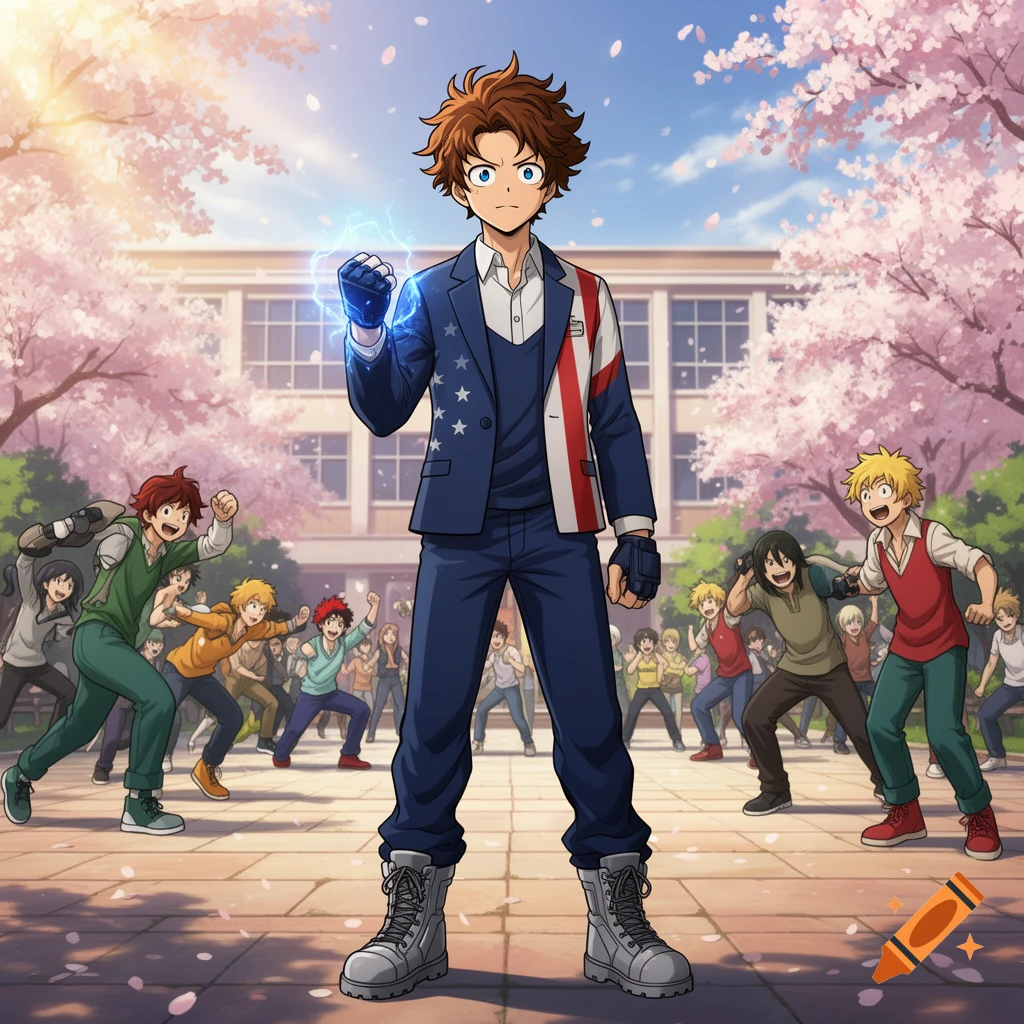 Anime illustration of a male character in a star-spangled suit with a glowing fist, standing at a school among cherry blossoms and other students.