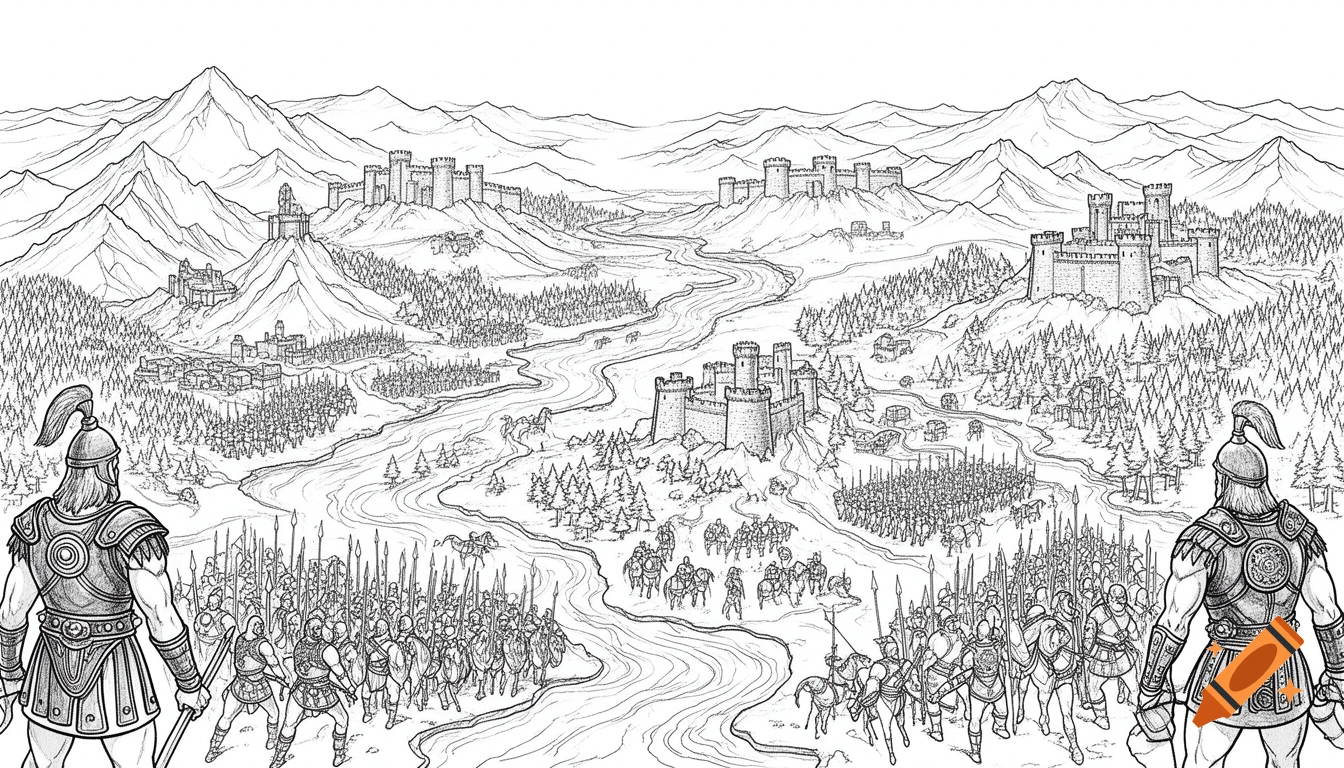 A black and white line drawing of a fantasy war map with armies, castles, mountains, and a river winding through a forest.