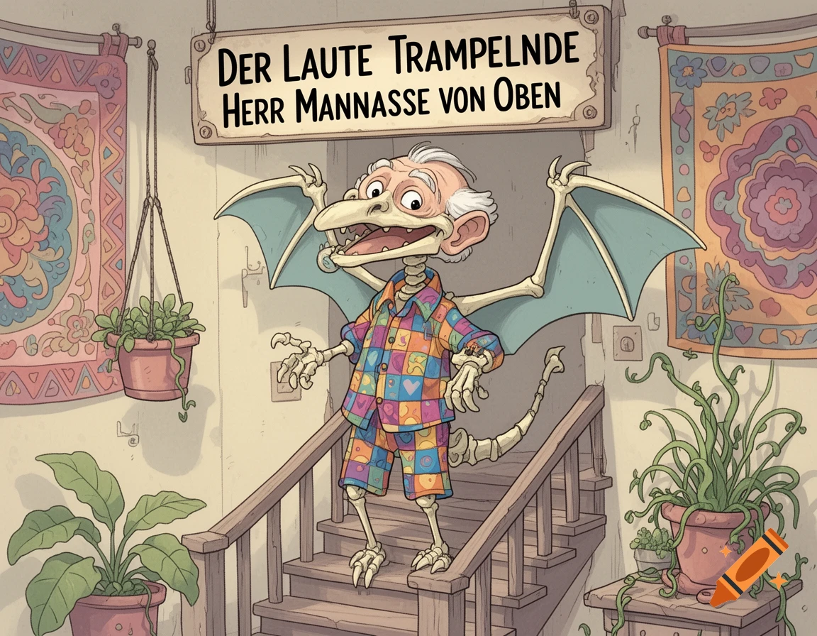 A cartoon skeleton-like man with an Aerodactyl face and wings wears colorful pajamas on stairs. A sign reads 'DER LAUTE TRAMPELNDE Herr MANNASSE VON OBEN'.