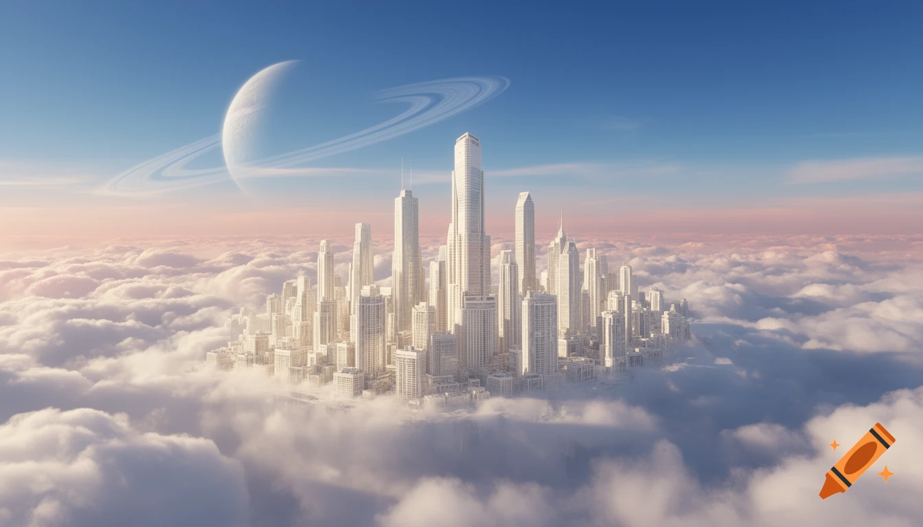 A gleaming futuristic city of white skyscrapers emerging from soft clouds, with a ringed planet in a pastel blue and pink sky.