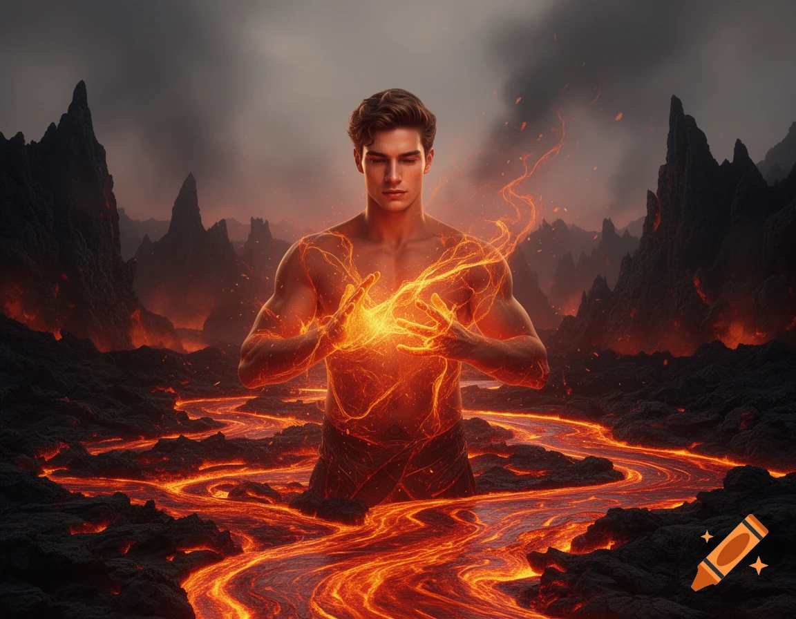 A muscular young man with glowing lava power in his hands stands in a volcanic landscape with rivers of molten lava.