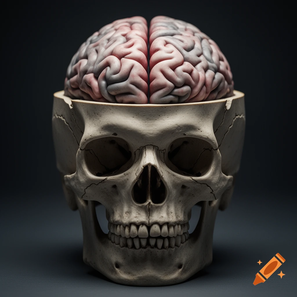 A photorealistic human skull with its cranium cut open, exposing the brain, set against a dark background.