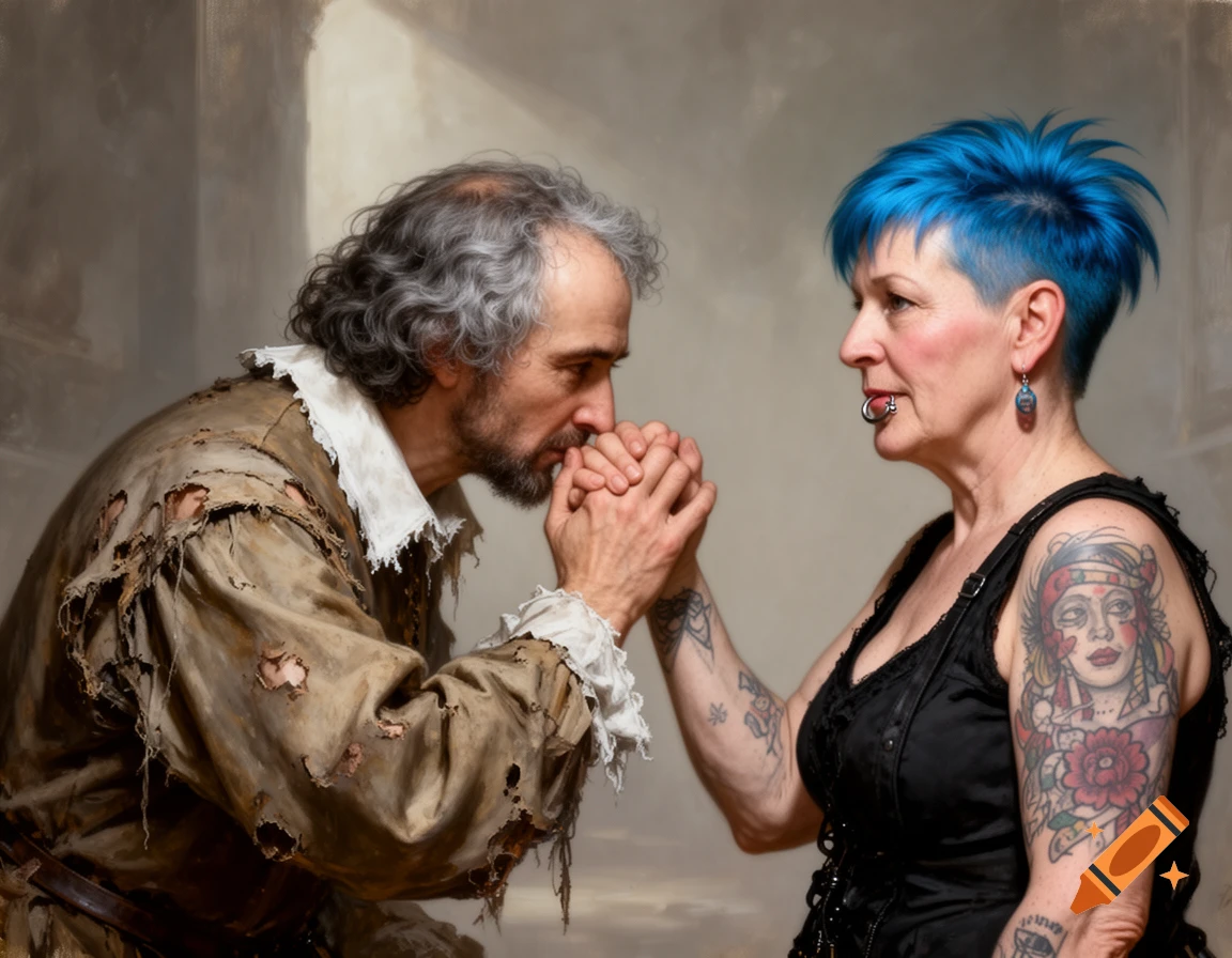 A man in shabby historical attire kisses the hand of a punk woman with blue hair, piercings, and tattoos, against a muted background.