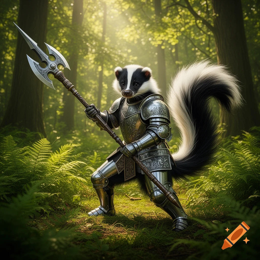 A skunk knight in shining armor holds a halberd, standing in a lush, sunlit forest.
