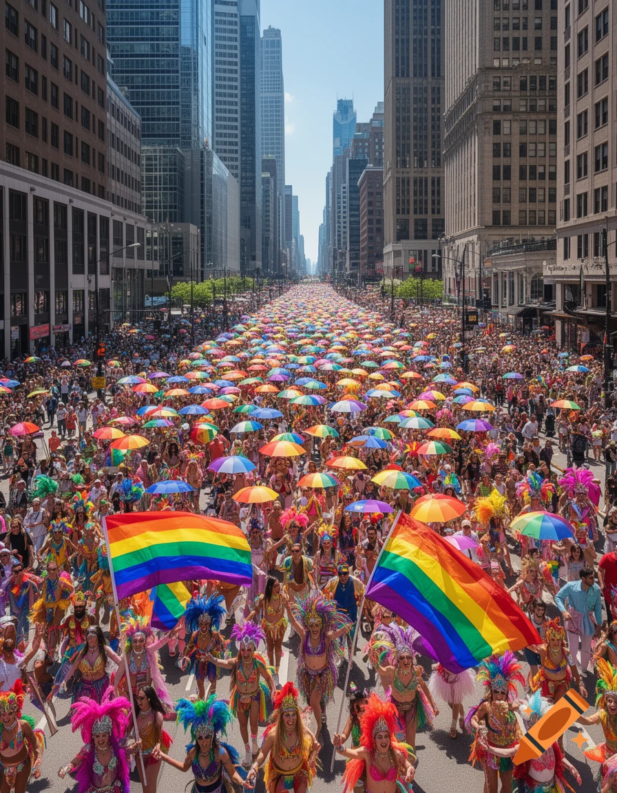 A massive, colorful pride parade fills a wide city street, with countless people in vibrant costumes, rainbow flags, and umbrellas.