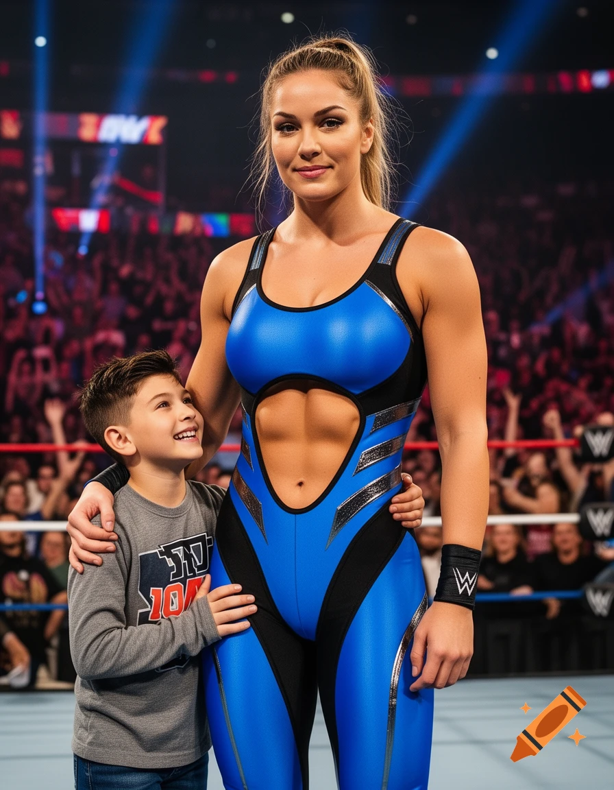 A muscular female wrestler in a blue and black bodysuit stands in a ring with a smiling boy, a blurred crowd in the background.