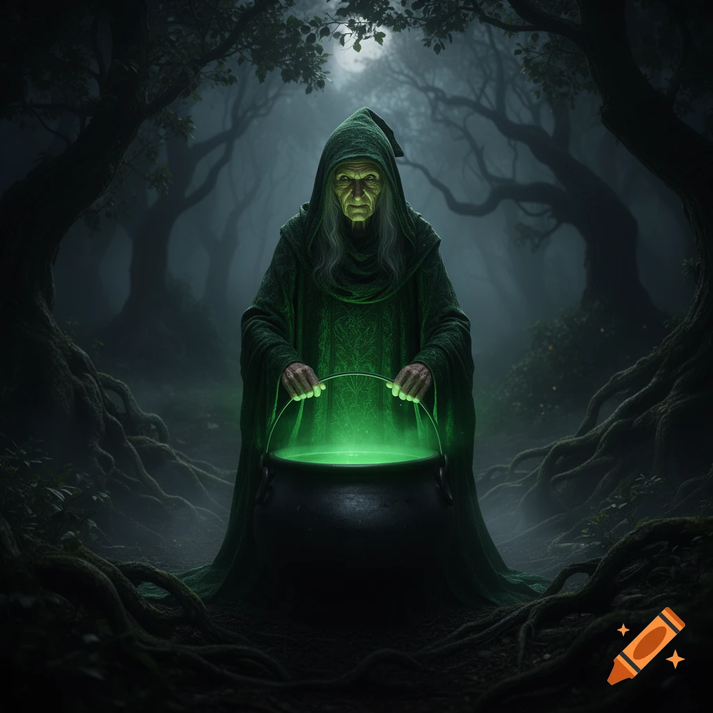 A hooded witch with long grey hair holds a glowing green cauldron in a dark, misty forest under a full moon.