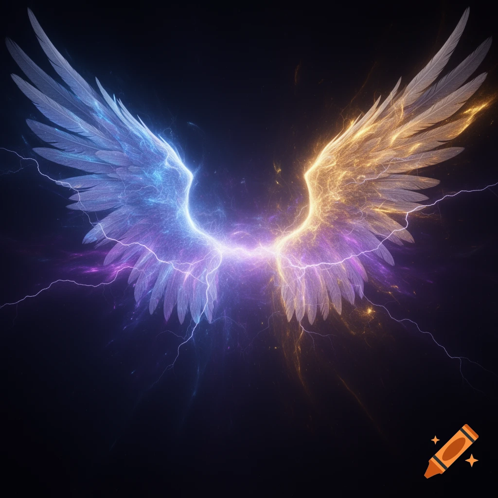 Stylized wings glowing with electric blue and orange energy against a dark background, surrounded by lightning.
