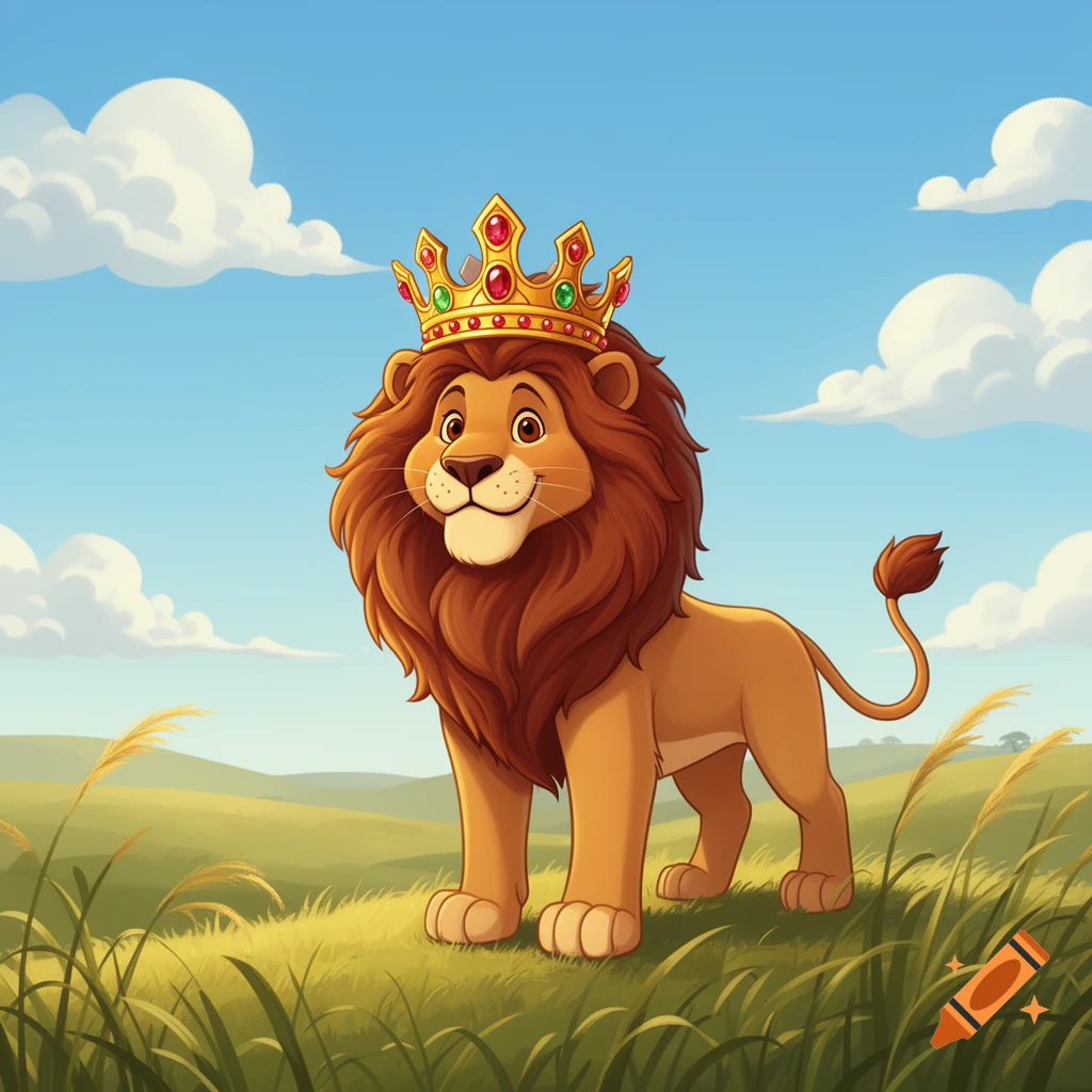 A smiling cartoon lion with a golden crown stands in a green, grassy field under a blue sky with white clouds.