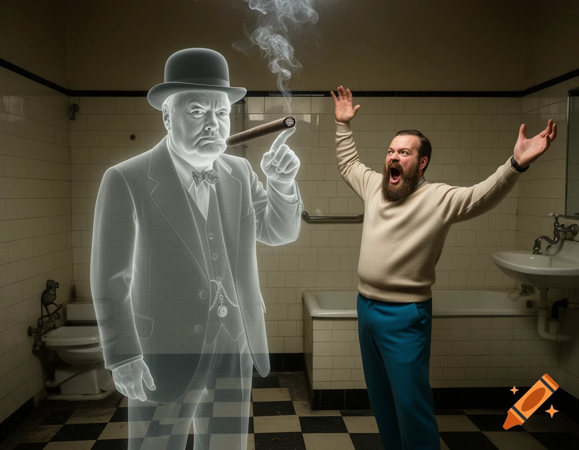 A photorealistic ghost of Winston Churchill with a cigar scares a bearded man in a tiled bathroom.