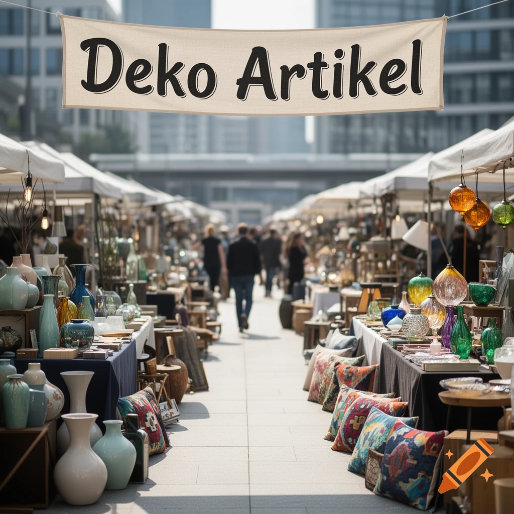 A bustling flea market with white tents displaying various decorative items like vases, cushions, and glass ornaments. A banner overhead reads "Deko Artikel".