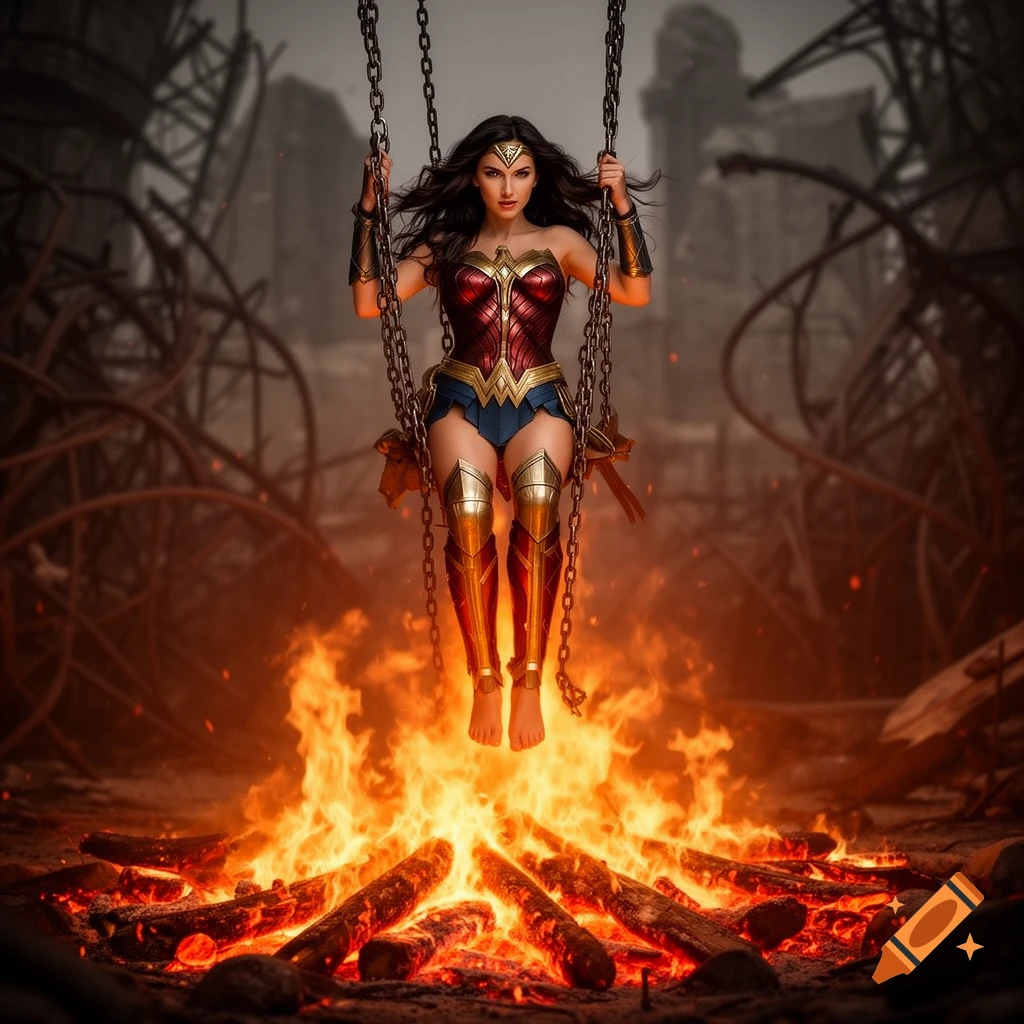 Photorealistic image of Wonder Woman chained and barefoot, dangling above a roaring campfire in a desolate, ruined landscape.