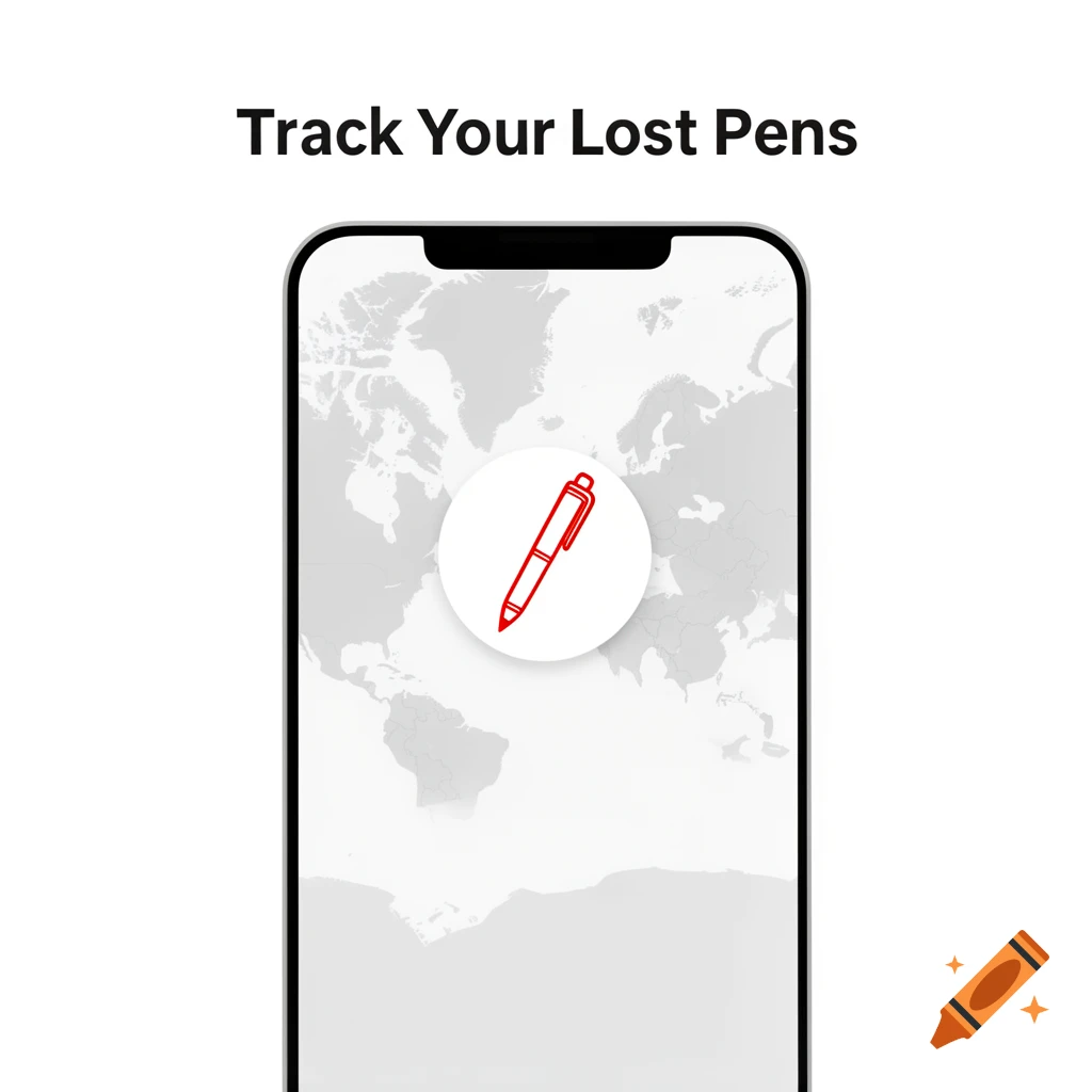 A white smartphone displaying a map and a red pen icon, with the text 'Track Your Lost Pens' above it.