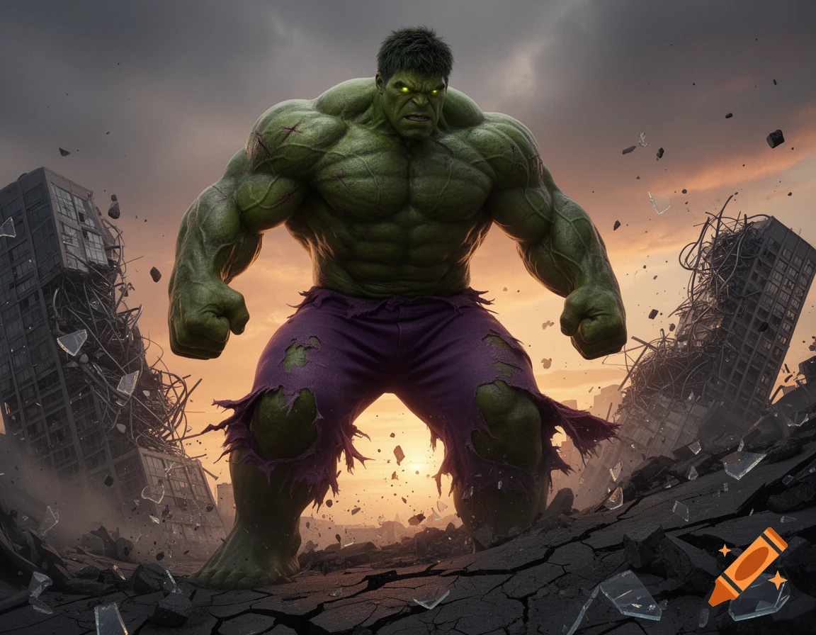 The Hulk, a large green muscular superhero with torn purple pants, stands amidst a destroyed city at sunset, cracked ground underfoot.