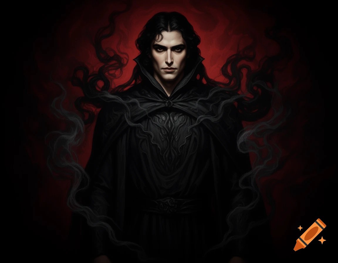 A dark-haired man with pale skin and intense eyes, wearing a black cloak, stands against a red background with swirling dark smoke.