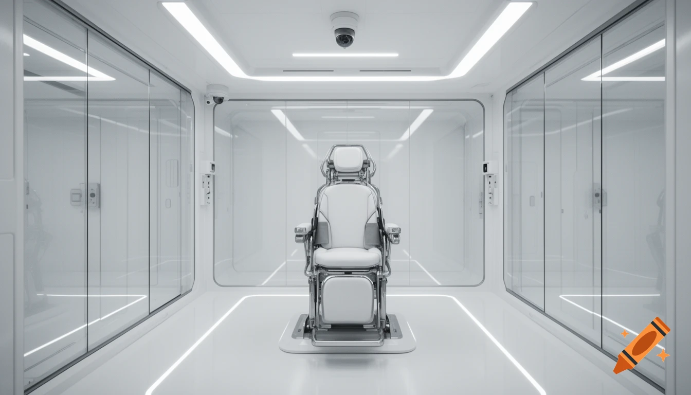 A sterile, white futuristic room with glass walls, LED strip lighting, and a chrome and white high-tech chair in the center, with security cameras.