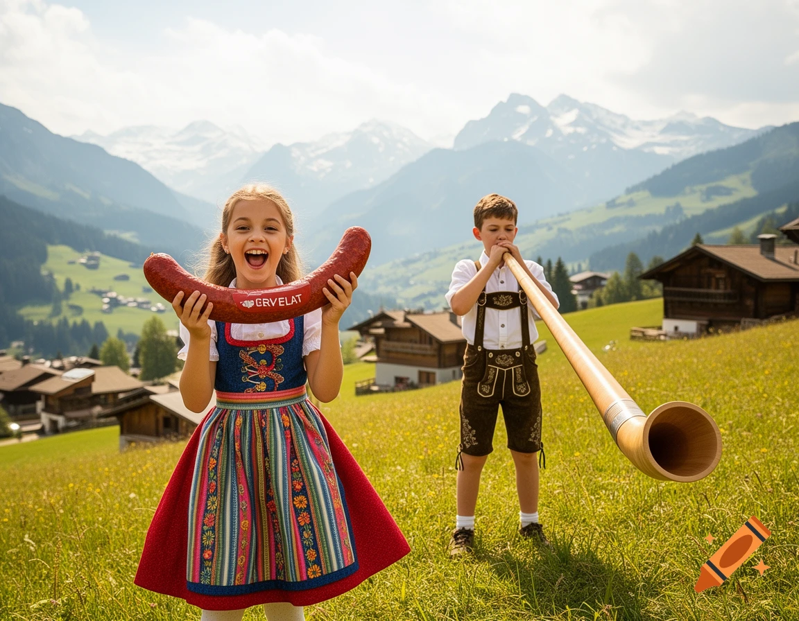 A young girl in a dirndl holds a giant cervelat sausage, laughing, while a boy in lederhosen plays an alphorn in a sunny mountain meadow.