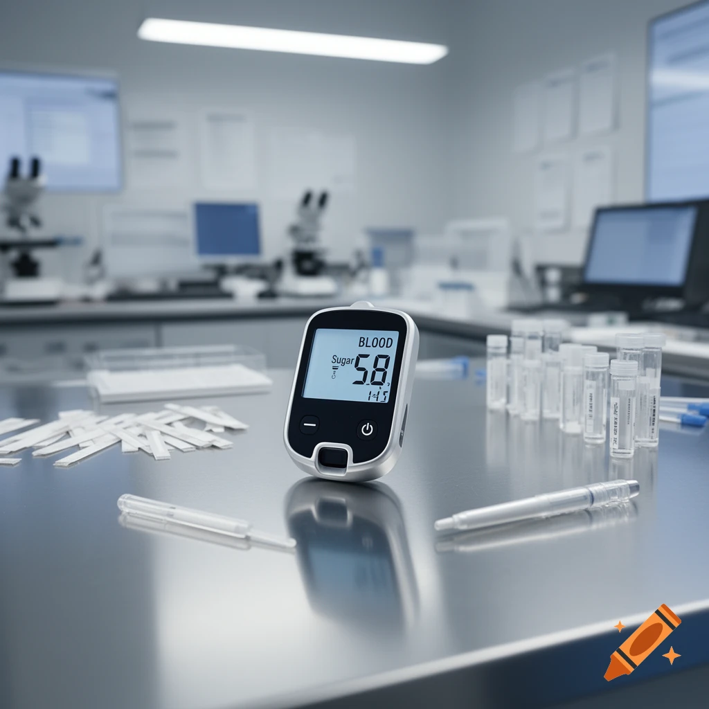 A blood sugar meter displays 'BLOOD Sugar 5.8' on a metallic lab table with test strips, vials, and a pen, in a blurred laboratory setting.