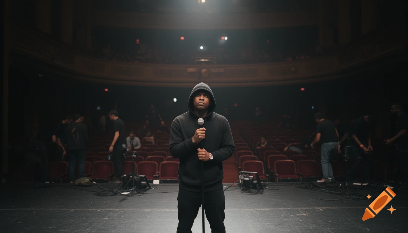 A man in a black hoodie stands center stage holding a microphone in a dimly lit, empty theater, with crew members in the background.