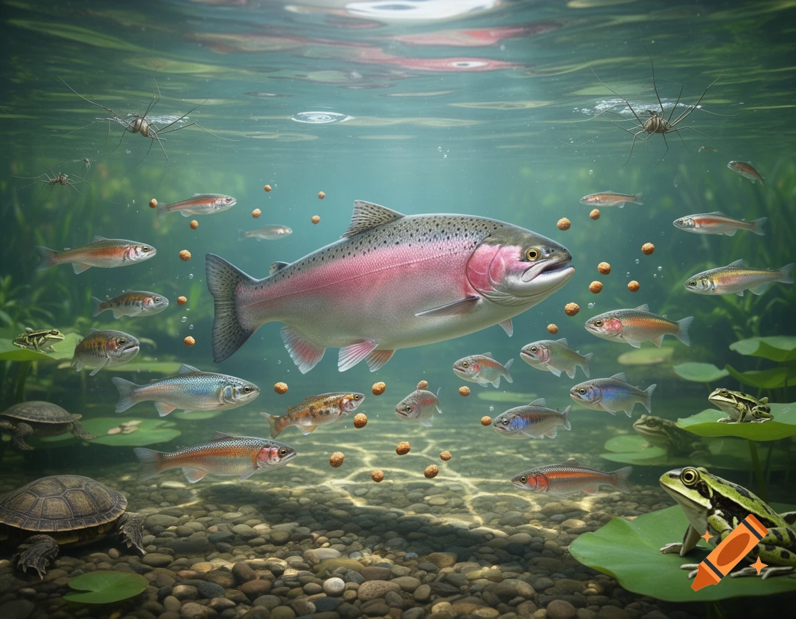 A large salmon swims underwater surrounded by smaller fish, turtles, frogs, and water striders, with food pellets floating in the water.