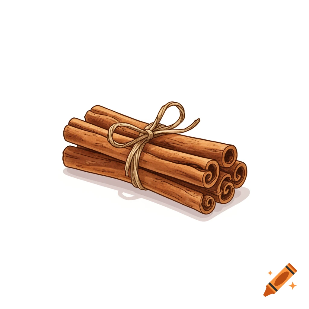 Cinnamon sticks tied together with string, drawn on a white background.
