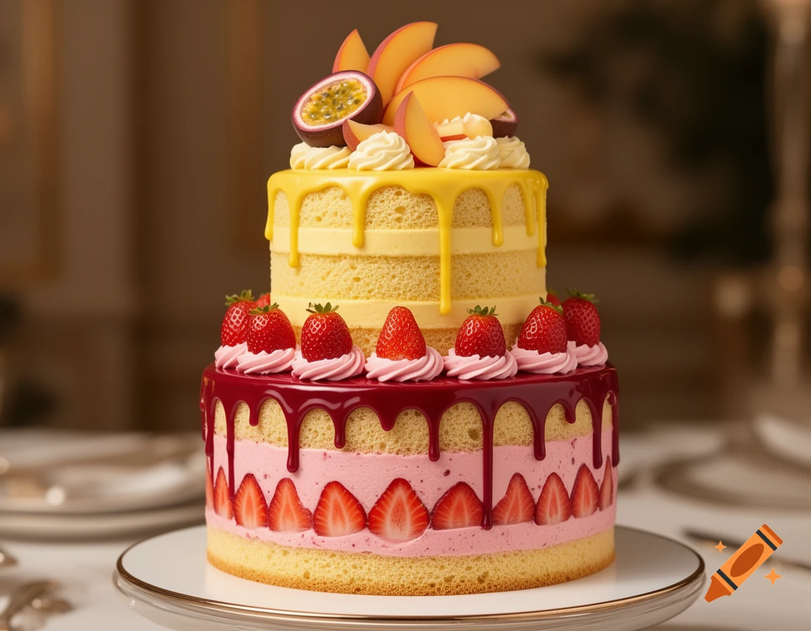Photorealistic two-tier cake with strawberry slices, pink cream, ruby chocolate drip, passion fruit, peach slices, and yellow drip.