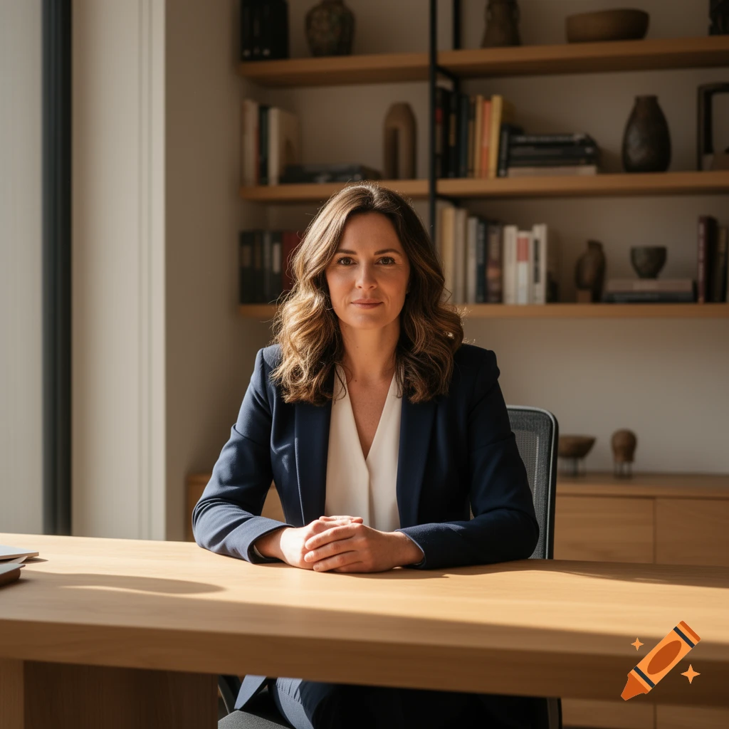 A professional woman in a navy suit sits at a wooden desk in a sunlit office with bookshelves.