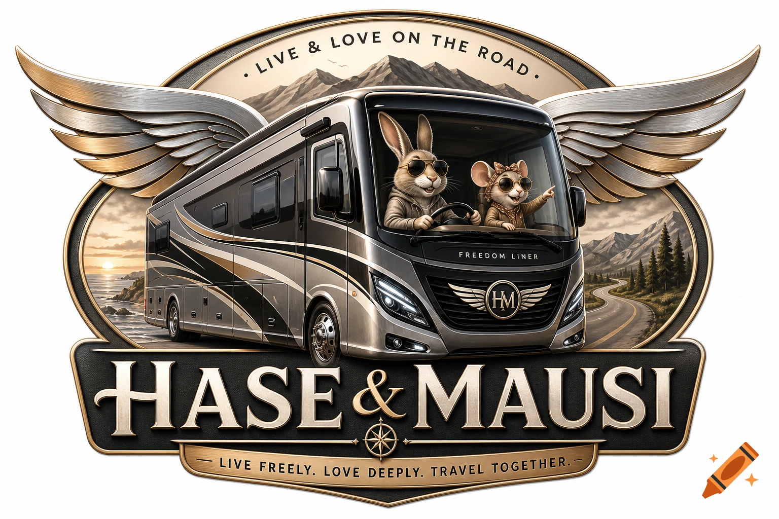 A detailed logo features a rabbit driving an RV with a mouse co-pilot, set against mountains and a sunset ocean, with text 'Hase & Mausi' and 'Live & Love on the Road'.