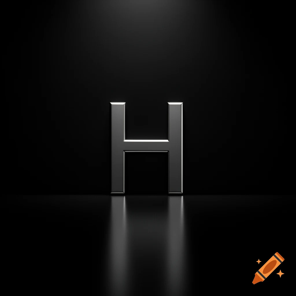 A shiny metallic 3D letter H stands upright on a dark, reflective surface with overhead lighting.