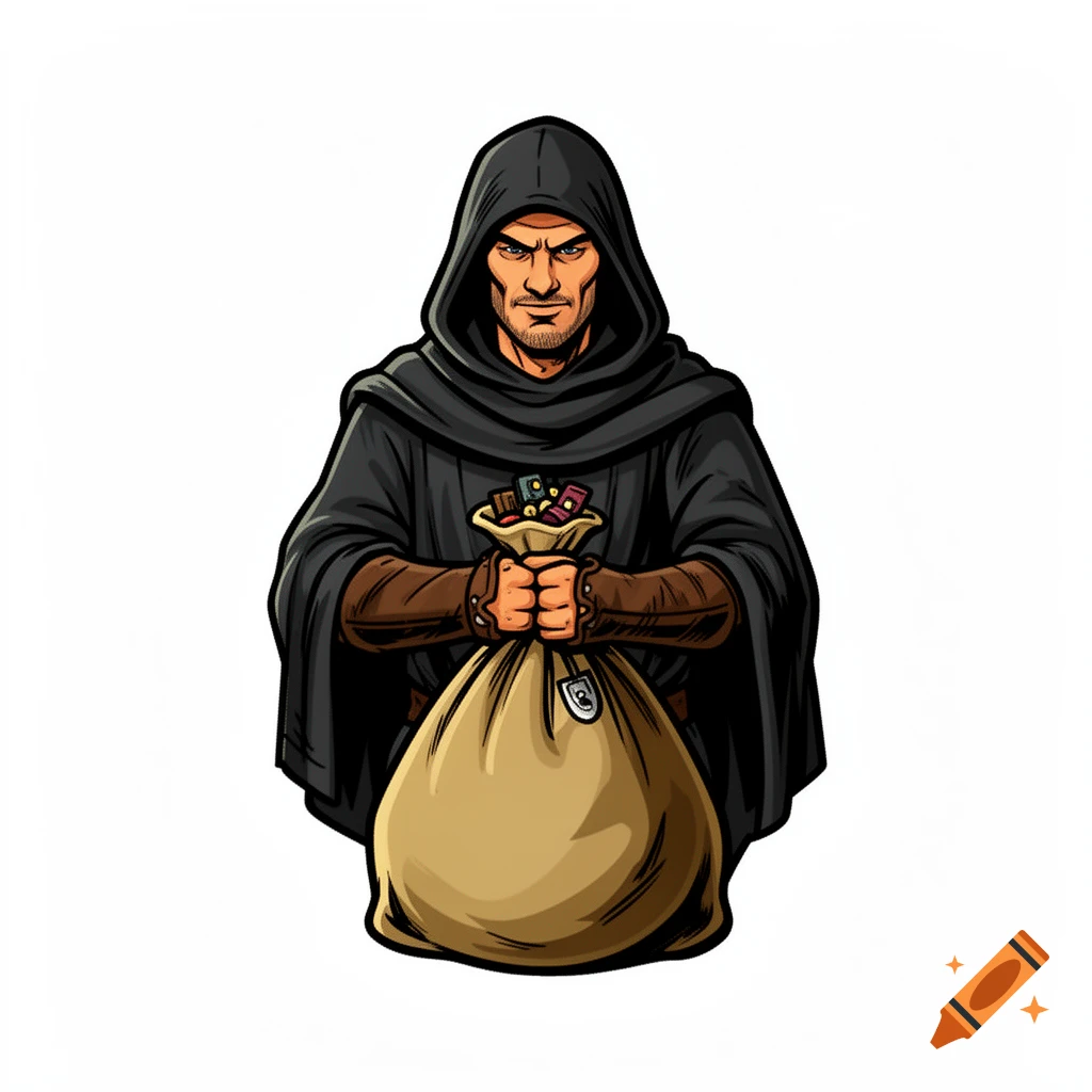 A medieval robber bandit in a dark hooded cloak, holding a full sack of loot, in a cel-shaded comic style.
