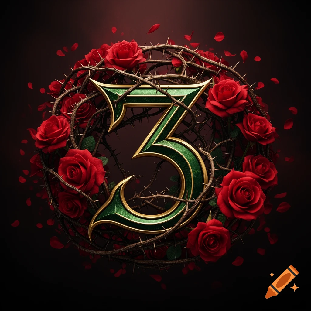 A large, stylized green and gold number 3 is encircled by thorny vines and vibrant red roses, set against a dark, moody background.