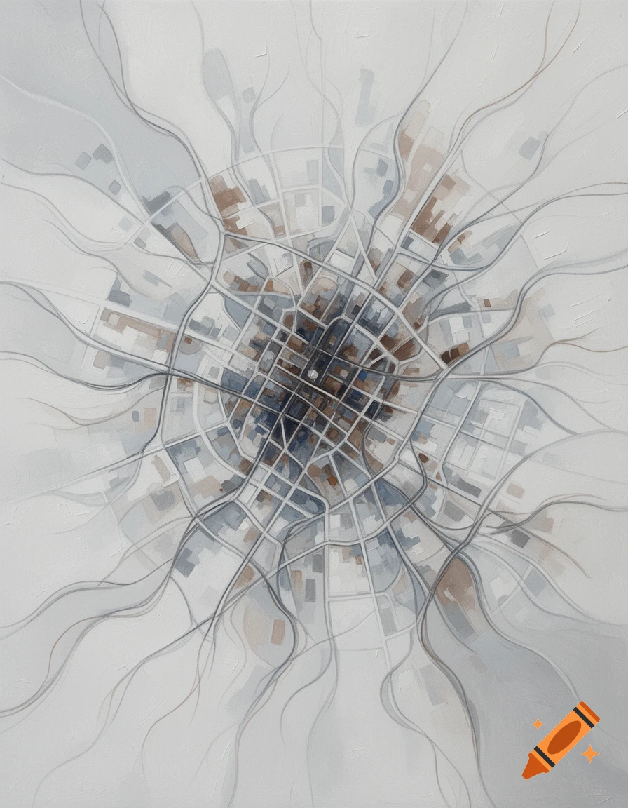 An abstract painting depicting a radial city map with flowing lines in muted blue, brown, and grey tones on a white background.