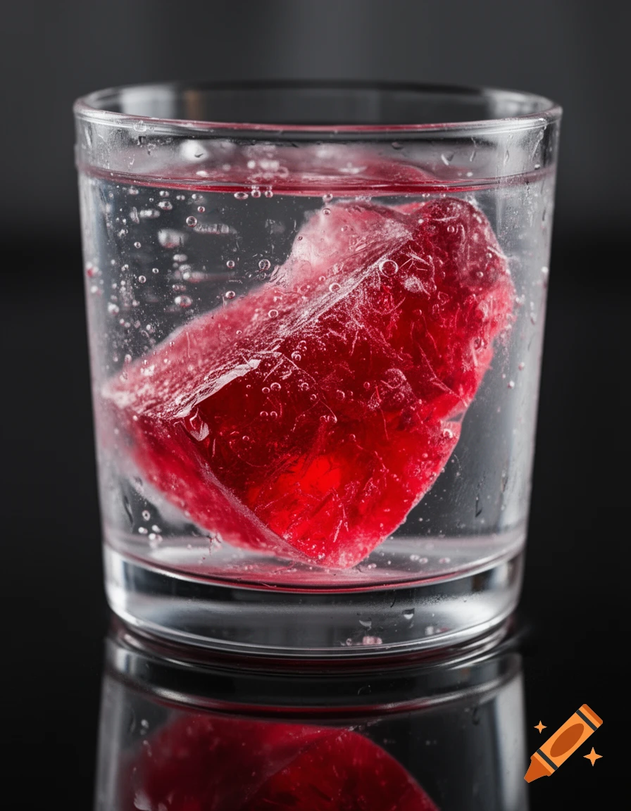 A clear glass holds water with a large, jagged piece of red ice and many small bubbles, reflected on a dark surface.