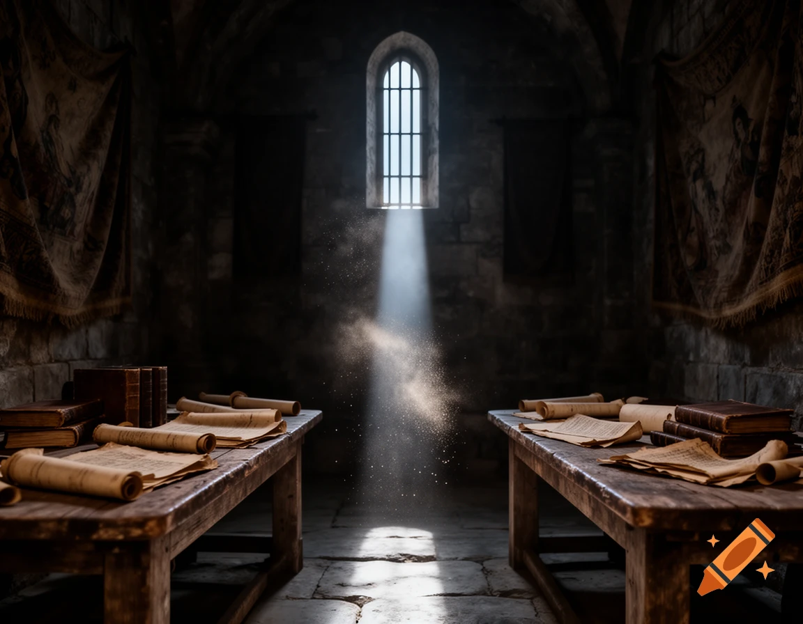 Ancient stone chamber with a barred window, a beam of moonlight illuminating dust over old wooden tables with scrolls and books.