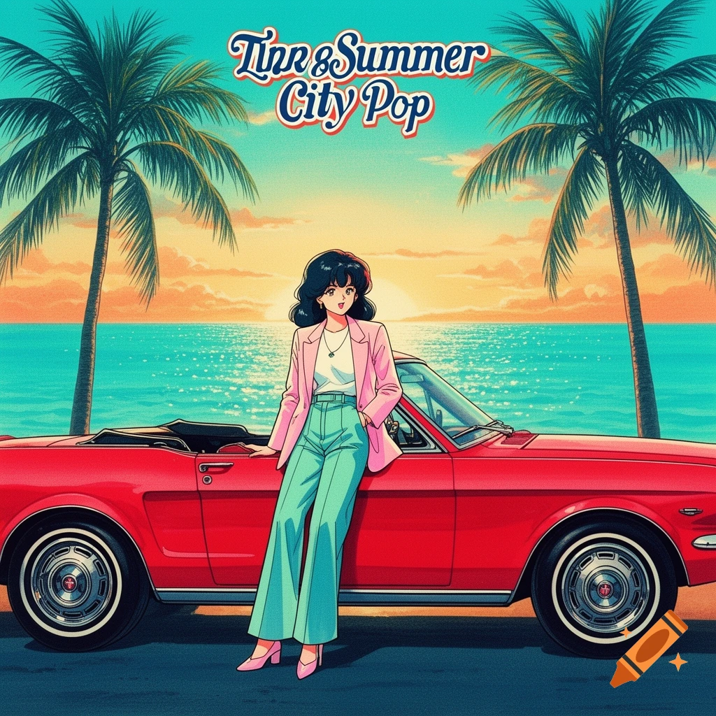 Retro anime woman in pastel blazer leans on a red convertible by the ocean at sunset with palm trees. Text: Tina & Summer City Pop.