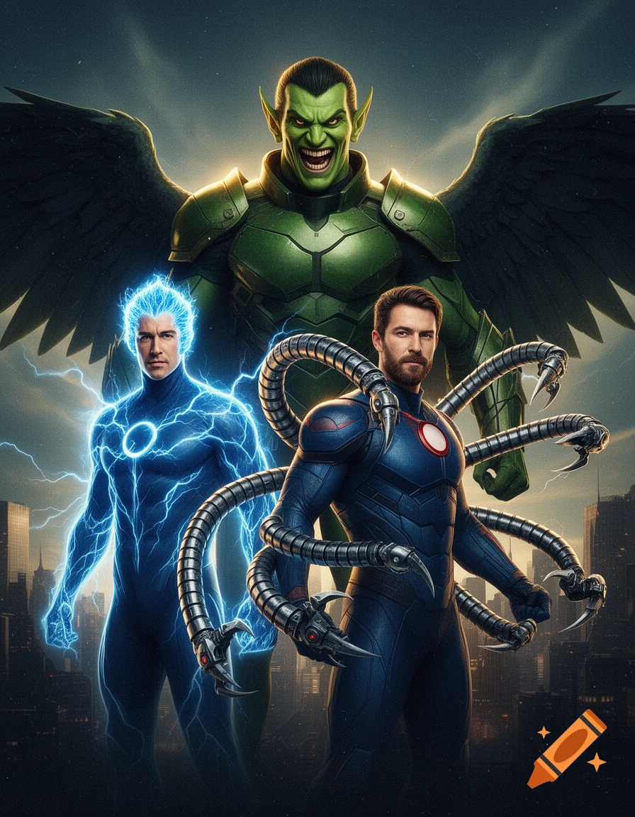 Cinematic image of three supervillains: a green-skinned winged goblin, an electric blue man, and a man with mechanical tentacles, standing against a city backdrop.