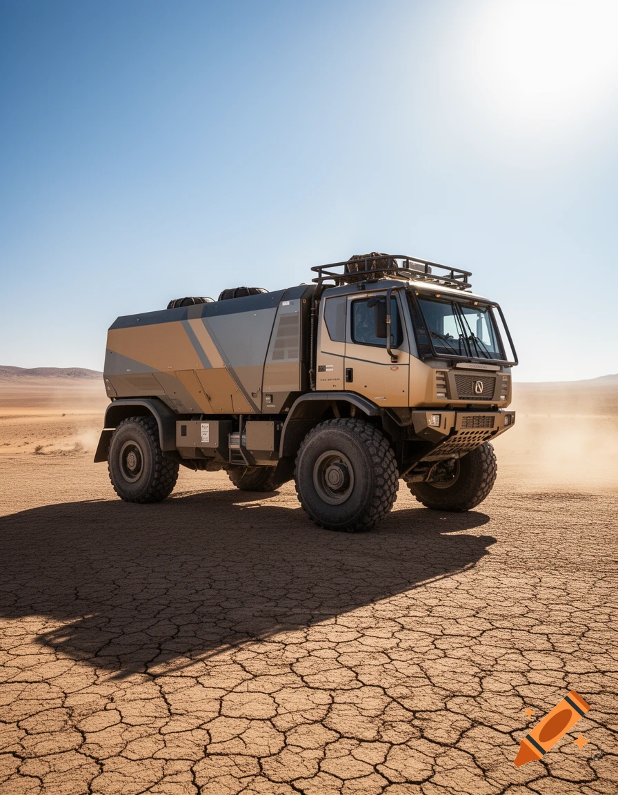 A large, rugged expedition truck with a roof rack on cracked desert ground under a bright sky, dust in the distance.