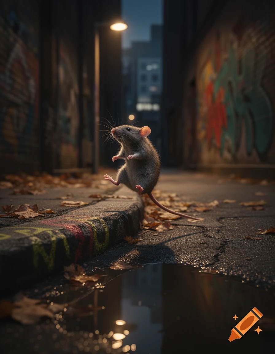 A photorealistic rat stands on its hind legs on a sidewalk curb in a dark, graffiti-covered urban alleyway at night, illuminated by a streetlamp.