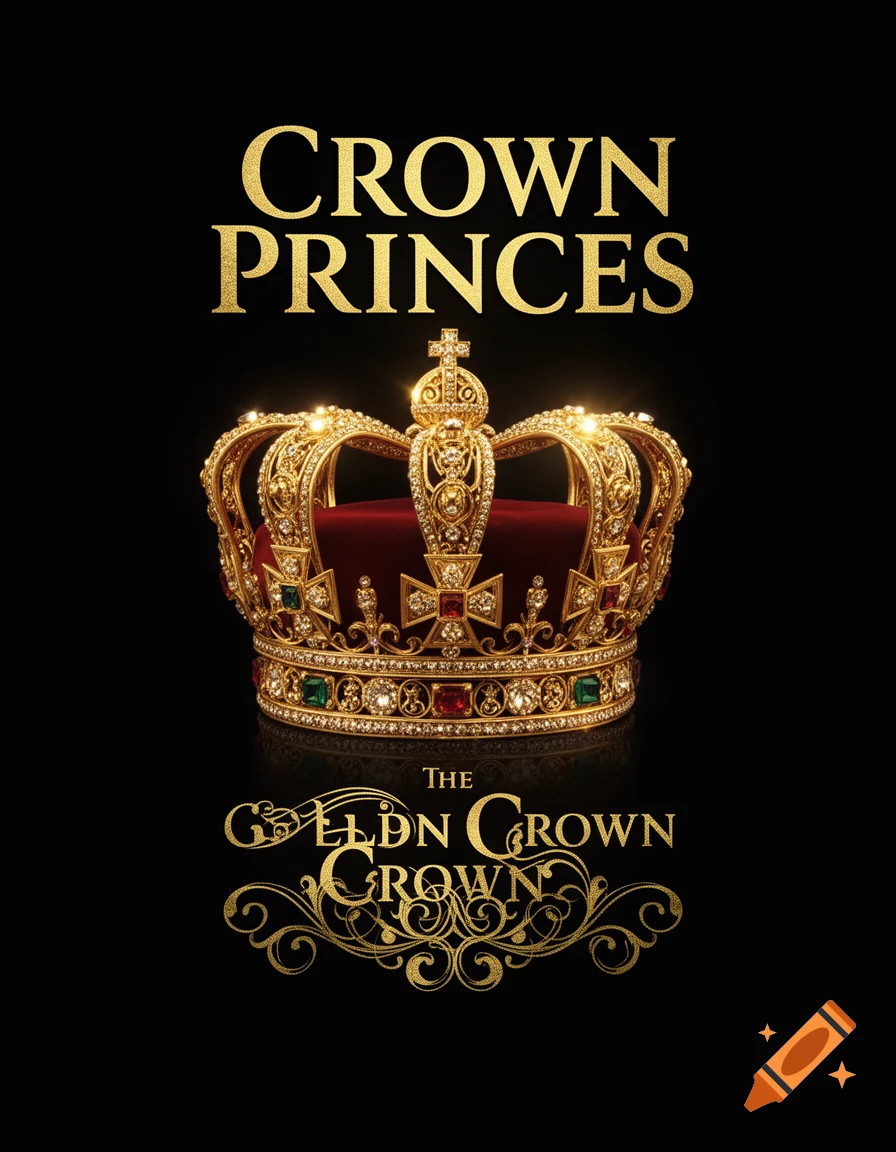 A golden crown with red velvet and jewels on a black book cover, titled "CROWN PRINCES" and "THE GOLDEN CROWN".