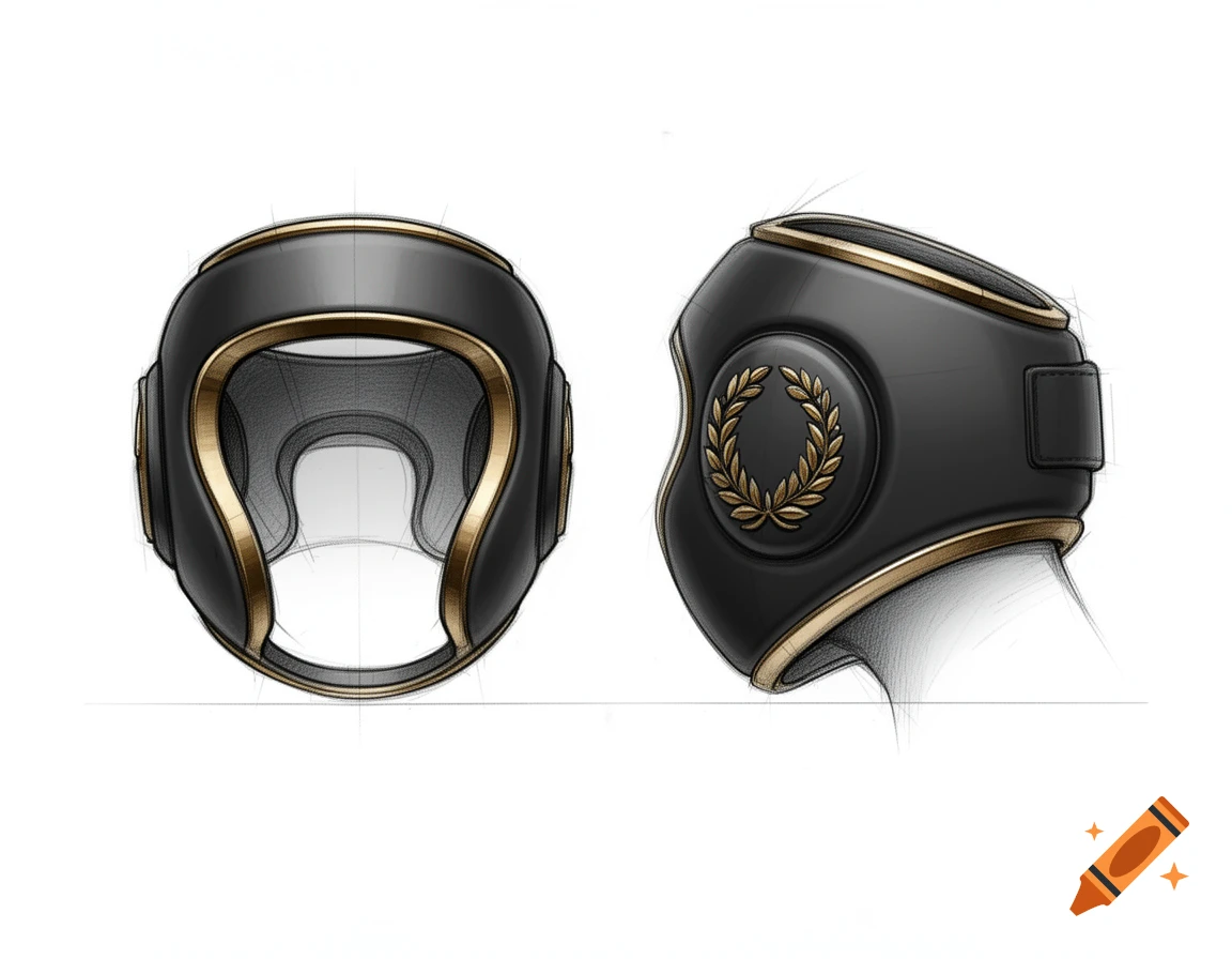 Front and side concept sketch of a matte black wrestling ear guard headgear with metallic gold trim and a laurel wreath emblem.