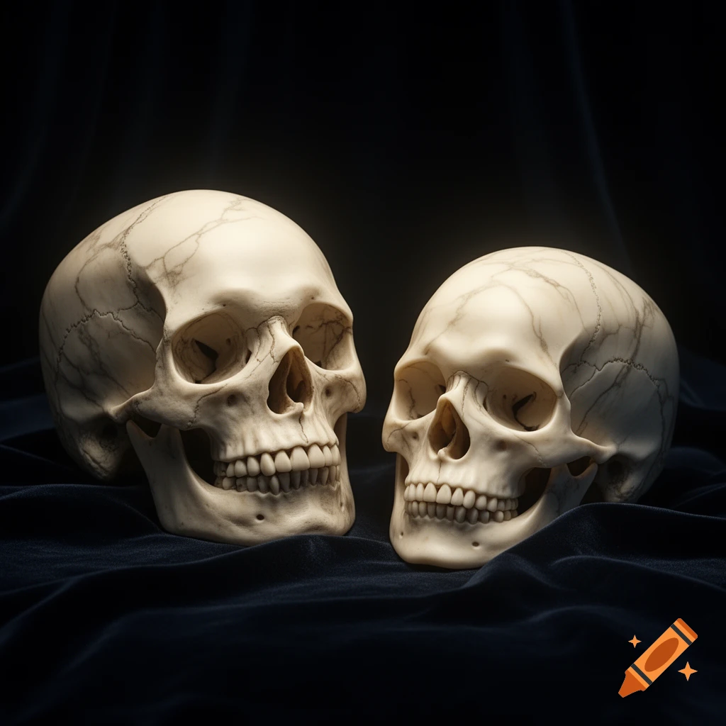 Two detailed photorealistic human skulls, a male and a female, rest side-by-side on dark draped fabric.