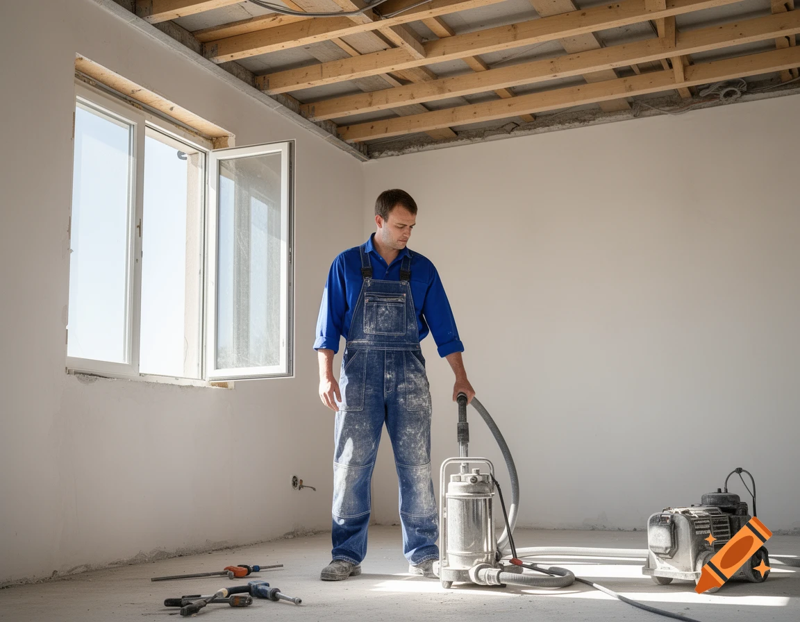 A man in blue overalls holds a vacuum pump in an unfinished room with a window and exposed ceiling beams, photorealistic style.