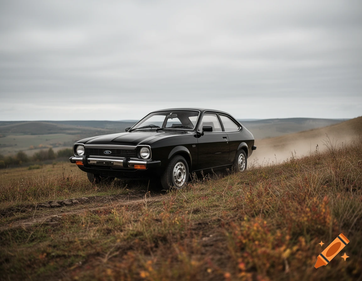 A black vintage Ford Laser car drives on a dirt path through a grassy, hilly landscape under an overcast sky.