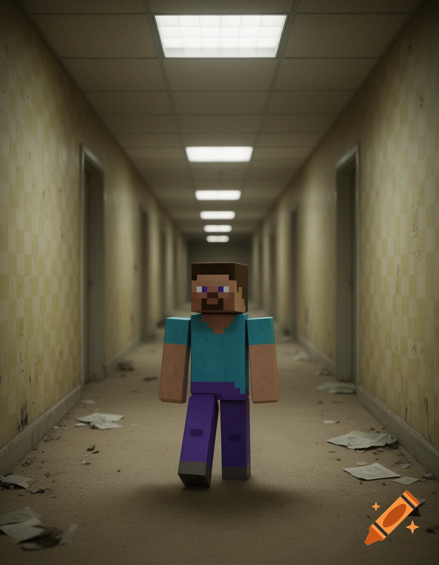 Minecraft's Steve character in a desolate Backrooms-style hallway with fluorescent lights.