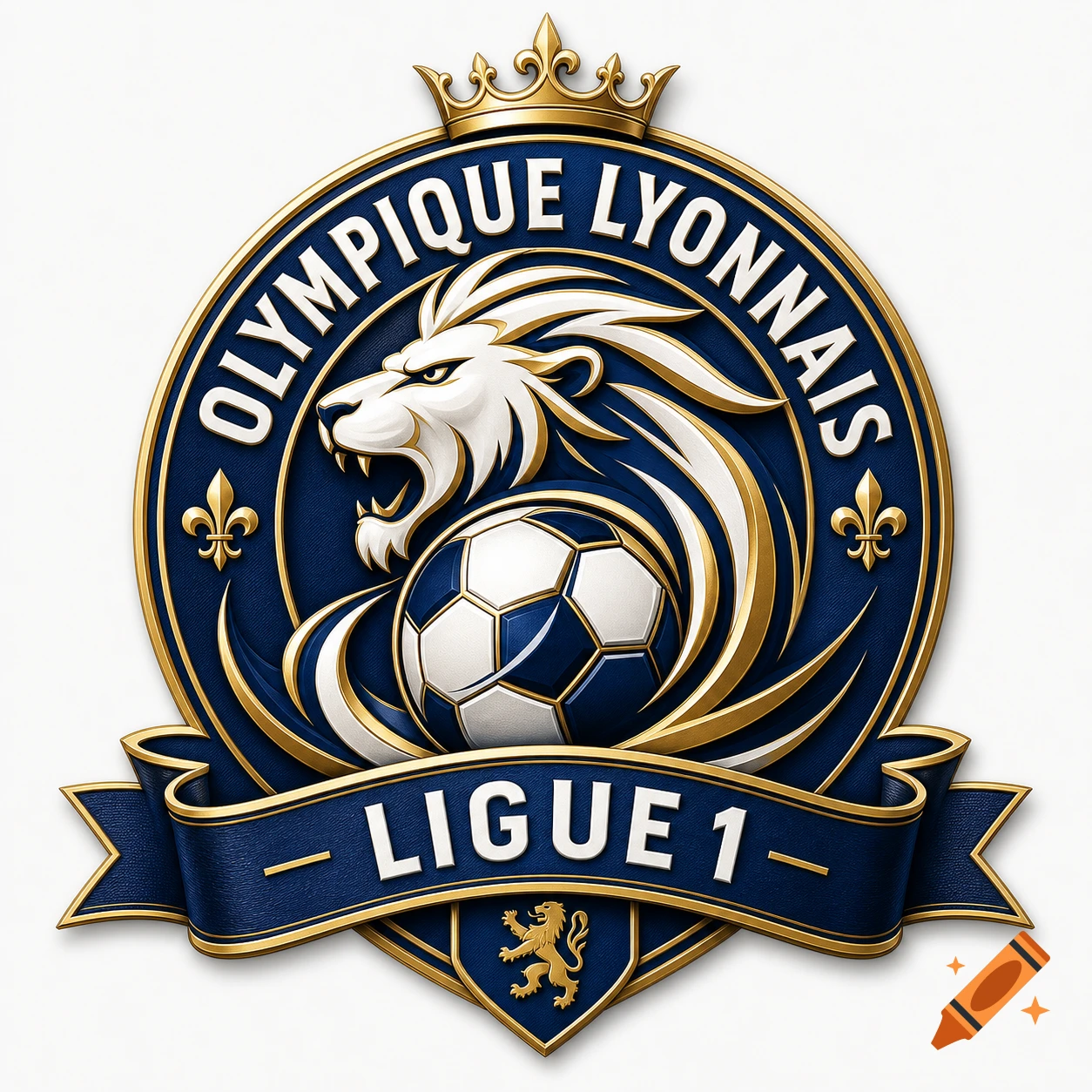 Blue and gold Olympique Lyonnais football club logo with a lion, football, crown, and Ligue 1 text.