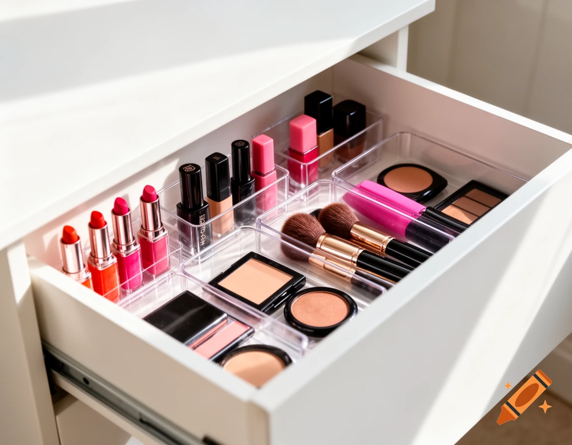 An open white drawer containing clear organizers filled with various makeup products, including lipsticks, brushes, and compacts.