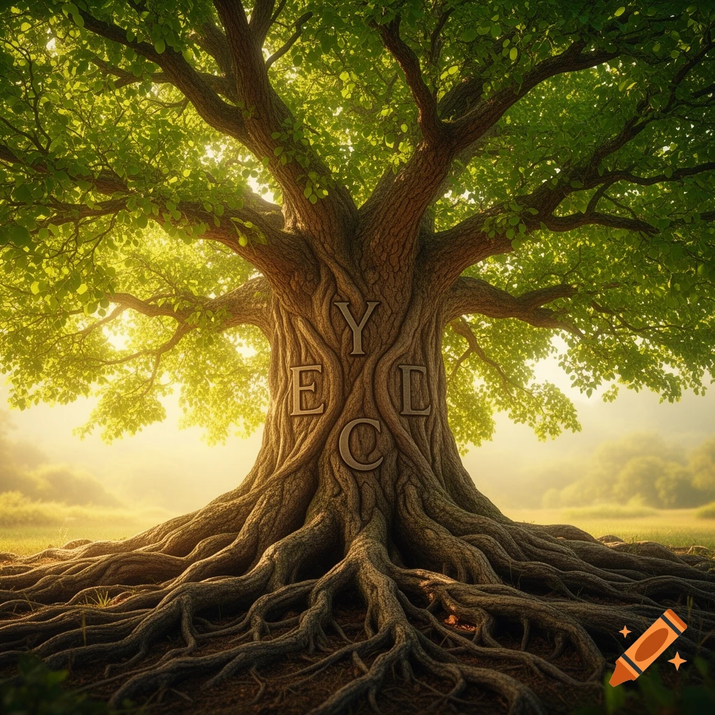 A majestic ancient tree with a vast canopy of green leaves and gnarled roots, featuring the letters Y, E, C, L carved into its trunk. Golden light illuminates the background.