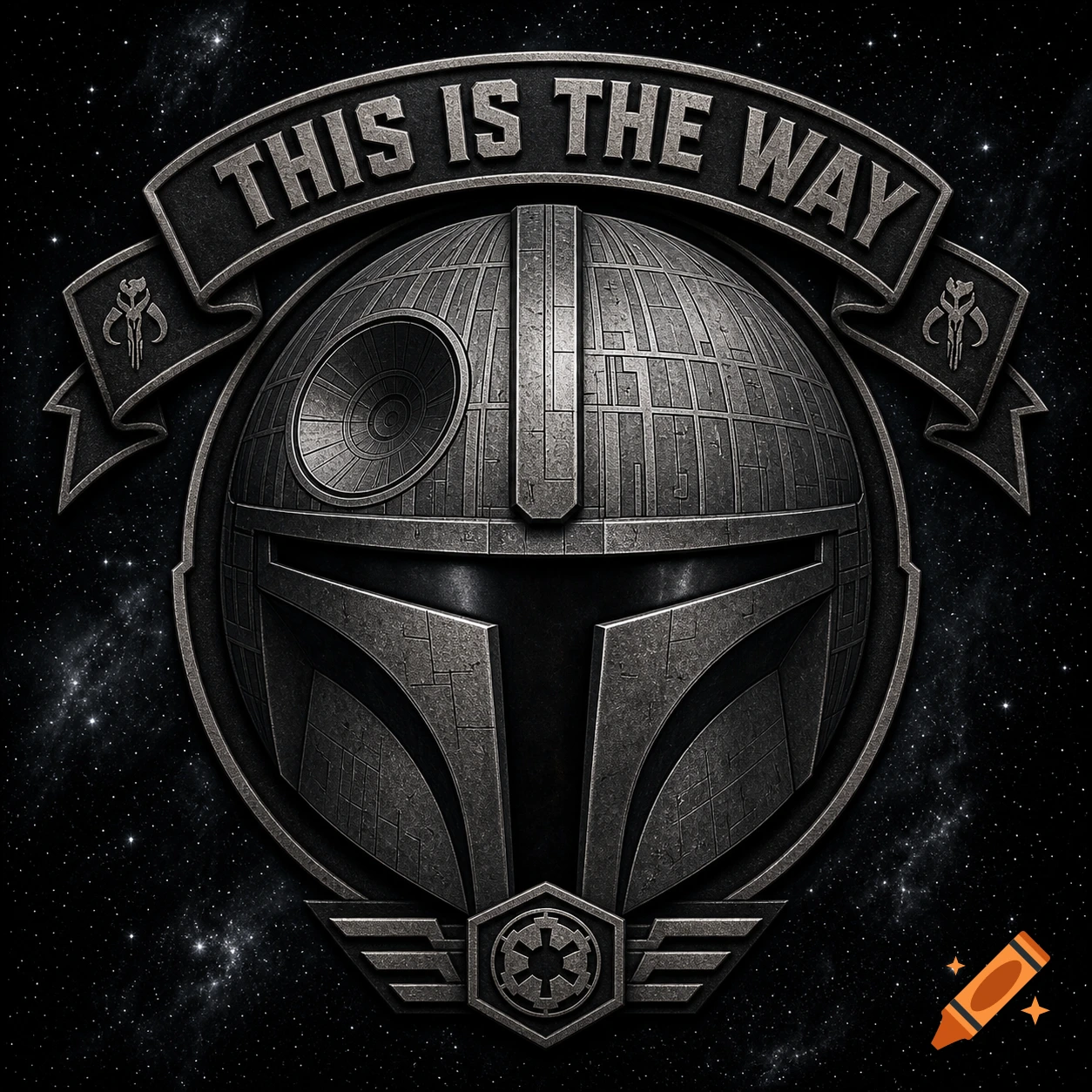 A detailed, metallic gray logo featuring a Mandalorian helmet topped by the Death Star, with a banner above reading 'THIS IS THE WAY', against a starfield background.