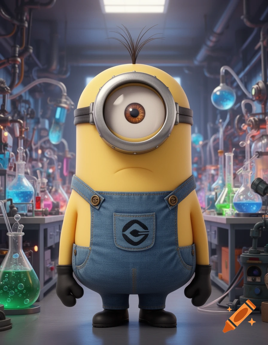 A photorealistic 3D render of a one-eyed Minion character with sprout hair, wearing denim overalls, standing in a vibrant science lab.